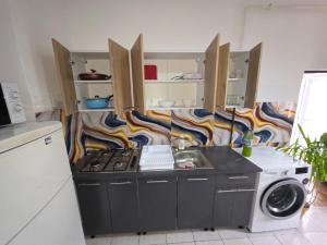 a kitchen with a stove and a washing machine at Matei Apartament in Tîrnăveni