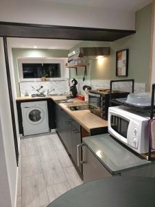 a small kitchen with a stove and a microwave at L'harmonie des Oiseaux in Meyronne