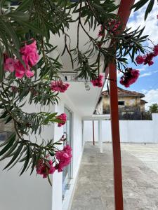 a tree with pink flowers in front of a white building at Andrella Rest House in Mannar