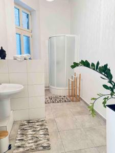 a bathroom with a shower and a sink at Ostrava Apartment in Ostrava +46 photos