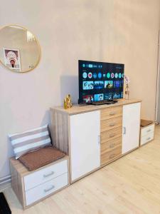 a room with a dresser with a tv and a mirror at Ostrava Apartment in Ostrava