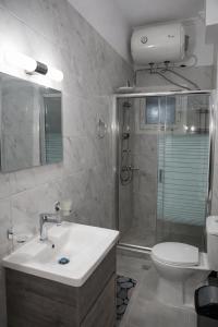 a bathroom with a toilet and a sink and a shower at Mytilene Heritage Loft 3A2 in Mytilene