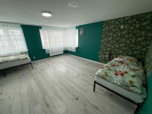 a bedroom with two beds and green walls at Schelder Zimmer in Dillenburg