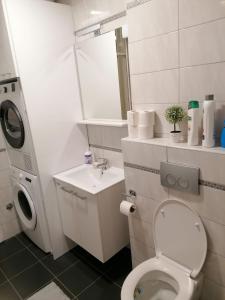 a small bathroom with a toilet and a sink at Apartman 44, sa garažom, Mejdan Banja Luka in Banja Luka +6 photos