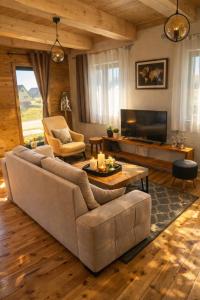 a living room with a couch and a tv at Adria Nord Chalets in Žabljak
