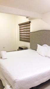 a bedroom with a large white bed with a window at Casa 5 Centrica Super ubicada 3 camas queen in Hermosillo