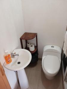 a bathroom with a white toilet and a sink at Como en Familia in Esquipulas