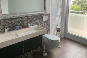 a bathroom with a sink and a toilet and a mirror at Sleek Apartment in Troisdorf in Troisdorf