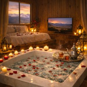 a room with a bath tub with candles and a bed at Riad Atlas Bangalow in Imlil