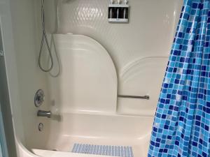 a white bath tub with a blue shower curtain at Serenity in Statesboro