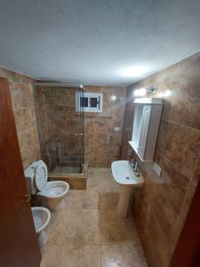 a bathroom with a toilet and a sink and a shower at Flor del Aromito in Alta Gracia