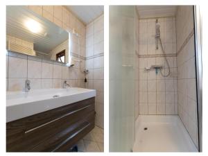 two pictures of a bathroom with a sink and a shower at Villa Maashorst in Uden +24 photos