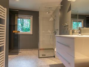 a bathroom with a shower and a sink and a mirror at Berghuisje in Uden +21 photos