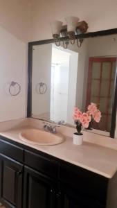 a bathroom sink with a large mirror and pink flowers at Penthouse villa 1 in Montego Bay