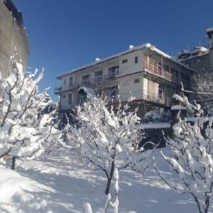 a building with snow covered trees in front of it at Apple Garden Aleo in Manāli