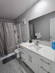 a bathroom with a white sink and a toilet at The Lots home in Winnipeg +27 photos