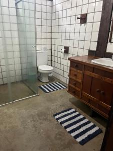 a bathroom with a toilet and a sink and a shower at Suite casa cachoeira in Paraty