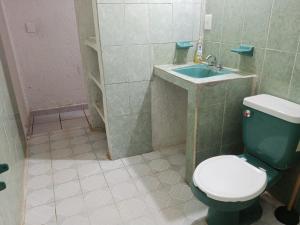 a bathroom with a green toilet and a sink at Casa luci in Zipolite