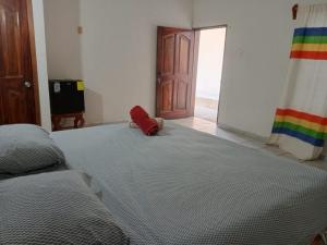 a large bed in a room with a rainbow flag at Casa luci in Zipolite
