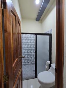 a bathroom with a toilet and a shower at The Stone Way Suite in Juayúa +13 photos