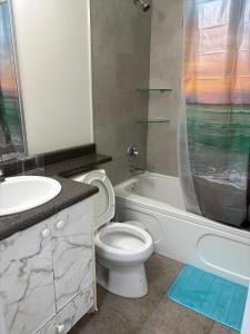 a bathroom with a toilet and a sink and a shower at Cozy Home in Surrey