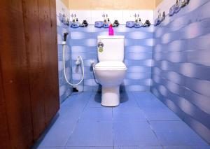 a blue bathroom with a toilet with a pink bottle on it at Villa in Kalviyankadu in Irupalai +19 photos