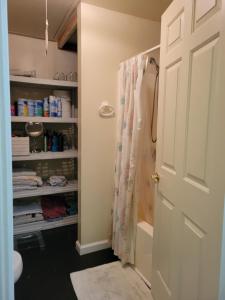 a bathroom with a shower with a shower curtain at Nice and cozy in Bremerton +17 photos