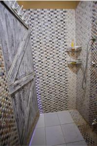 a bathroom with a shower with an open door at Masai Apartments Diani in Ukunda