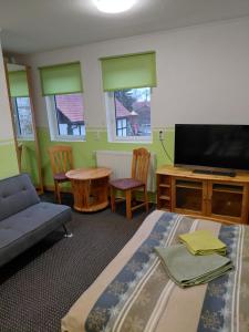 a living room with a tv and a couch and chairs at Ferienwohnung Leon in Heldburg