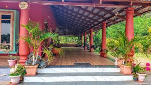 a porch of a house with potted plants on it at Aksha Homestay in Sakleshpur +18 photos