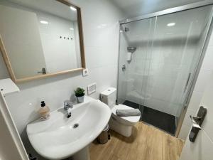 a bathroom with a sink and a shower and a toilet at Apartamentos San Nicolás AIRE AC y ascensor junto a Laurel in Logroño +49 photos
