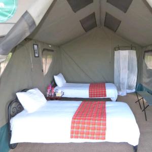 two beds in a tent in a room at Oloimala Mara Camp in Gatunga