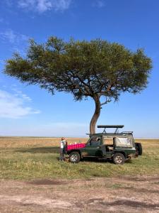 a green jeep parked next to a tree at Oloimala Mara Camp in Gatunga