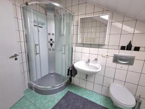 a bathroom with a shower and a sink and a toilet at Haus Probst in Bischofsmais +12 photos