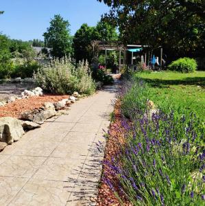a garden with purple flowers and a walkway at Le Clos de la Commanderie in Amboise
