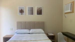 a bedroom with a bed with three pictures on the wall at Suíte de Casal Privativa com Sacada in Sao Jose do Rio Preto
