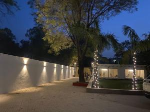 a sidewalk with lights on a wall at night at Mitron Farms in New Delhi +10 photos