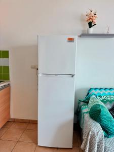 a white refrigerator in a kitchen next to a bed at Le Petit Oasis à Saint-Denis in Saint-Denis