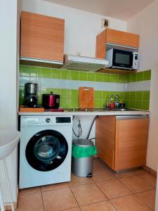 a kitchen with a washing machine and a microwave at Le Petit Oasis à Saint-Denis in Saint-Denis