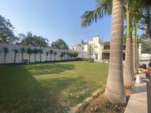 a yard with palm trees in front of a building at Mitron Farms in New Delhi