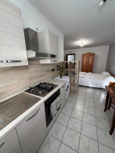 a kitchen with a stove and a bed in the background at Agriturismo San Giuliano dei fratelli Giai in Susa +38 photos