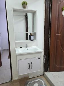 a bathroom with a white sink and a mirror at Jay Homes -Ultra Modern Naivegas Apartments in Naivasha +118 photos