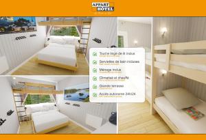 a collage of pictures of a room with bunk beds at APPART'HÔTEL Les Prés Blondeau, 1 à 10 personnes, 3 chambres, Terrasse, Parking privé, Wifi, Arrivée autonome 24-7 in Les Rosiers