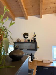 a kitchen with a vase sitting on top of a counter at Apartment in der Au in Langkampfen