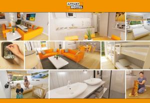a collage of different pictures of a living room at APPART'HÔTEL Les Prés Blondeau, 1 à 10 personnes, 3 chambres, Terrasse, Parking privé, Wifi, Arrivée autonome 24-7 in Les Rosiers