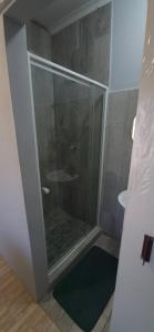 a bathroom with a shower with a glass door at Sthuli House in Empangeni +30 photos