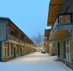 a snow covered street in a town with buildings at Greenfield Bakuriani, Mountain Villas & Homes in Bakuriani