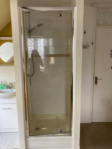a glass shower in a bathroom with a sink at House on the Corner B&B in Didcot +9 photos