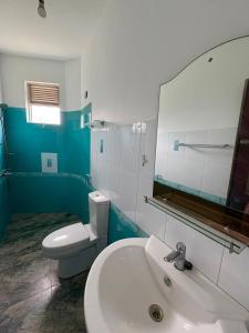 a bathroom with a sink and a toilet and a mirror at The Kandy City Townhouse in Kandy +6 photos