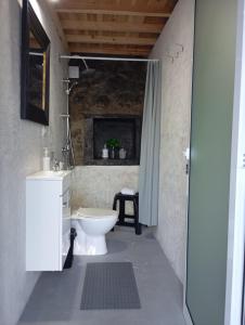 a bathroom with a toilet and a sink and a shower at Basaltic House Pedreira in Lomba da Pedreira +32 photos